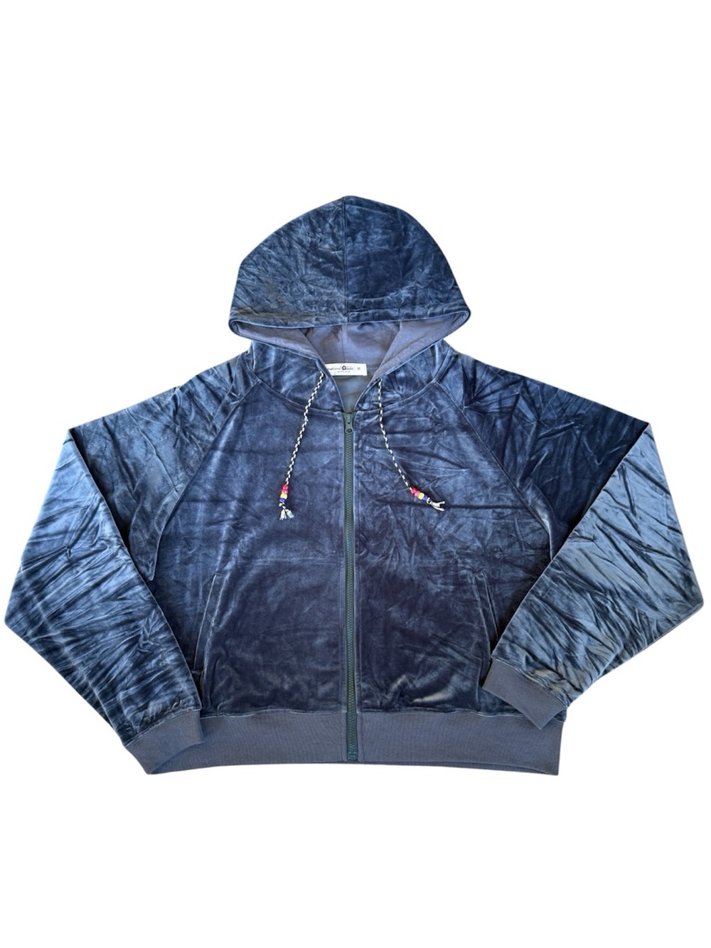 Natural Life Full Zip Velour Hoodie Beaded Drawstring Navy Blue Women’s Size M
